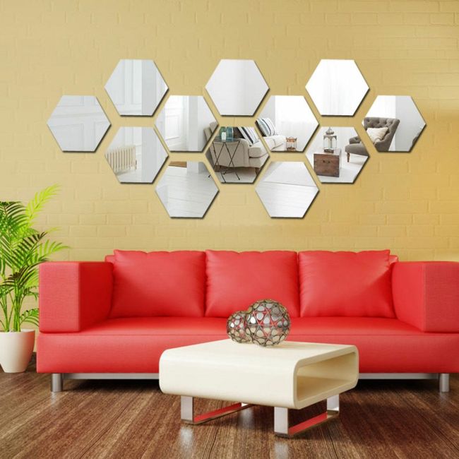 Set 12 Panouri Autocolante Hexagonale Oglindă de Perete, Model Ambiance Mirror, 17,5 x 15,5cm