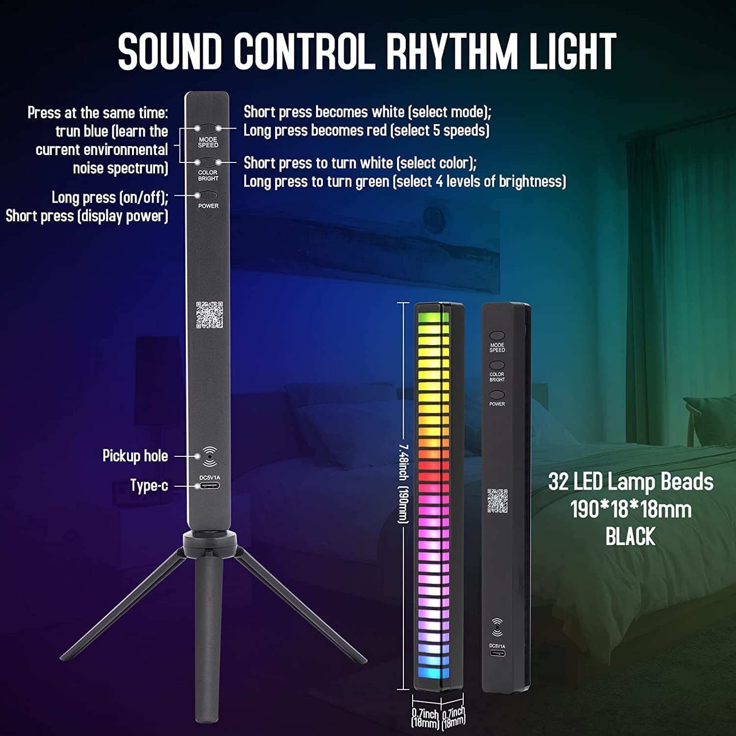 Bara cu leduri RGB 360°, control prin aplicatie, 32 leduri, multiple moduri,cu suport